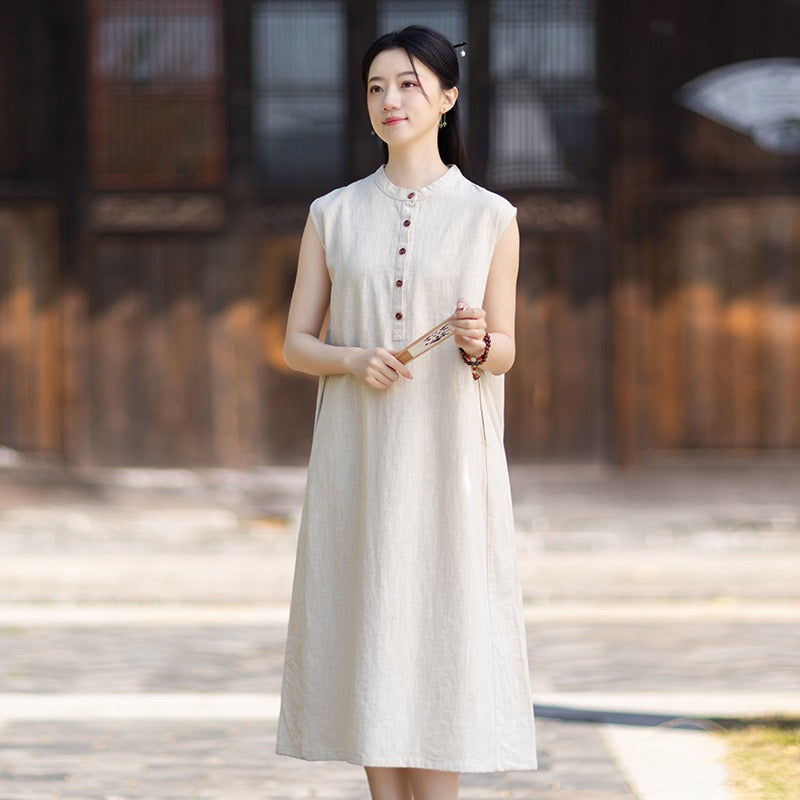 Tao One Tech™ • Business Qigong Cheongsam Dress • Minimal Style • Chinoiserie • Zen Midi Dress • Tech Pockets • Ramie Cotton