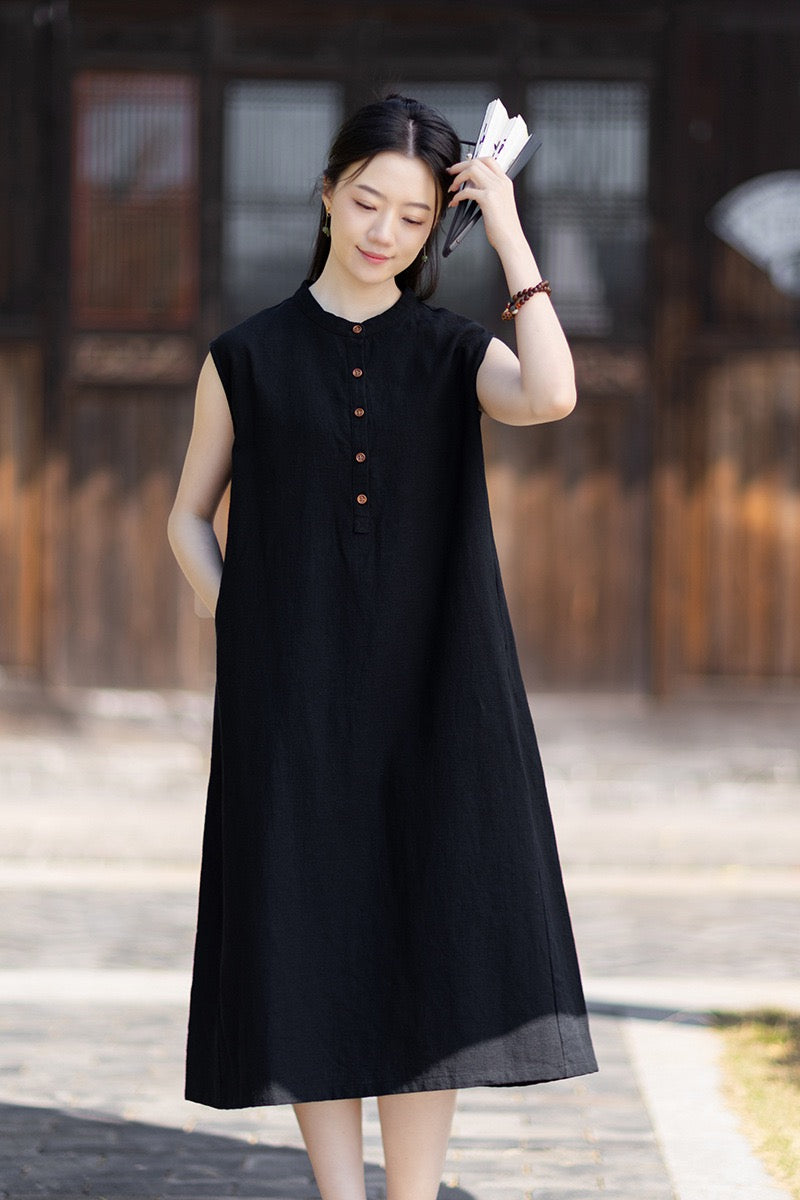 Tao One Tech™ • Business Qigong Cheongsam Dress • Minimal Style • Chinoiserie • Zen Midi Dress • Tech Pockets • Ramie Cotton