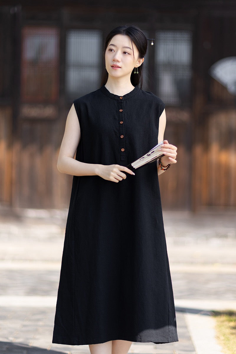 Tao One Tech™ • Business Qigong Cheongsam Dress • Minimal Style • Chinoiserie • Zen Midi Dress • Tech Pockets • Ramie Cotton