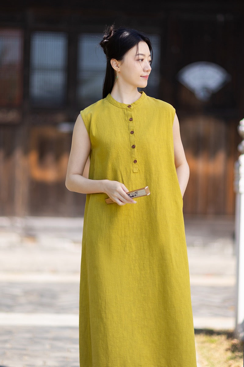 Tao One Tech™ • Business Qigong Cheongsam Dress • Minimal Style • Chinoiserie • Zen Midi Dress • Tech Pockets • Ramie Cotton