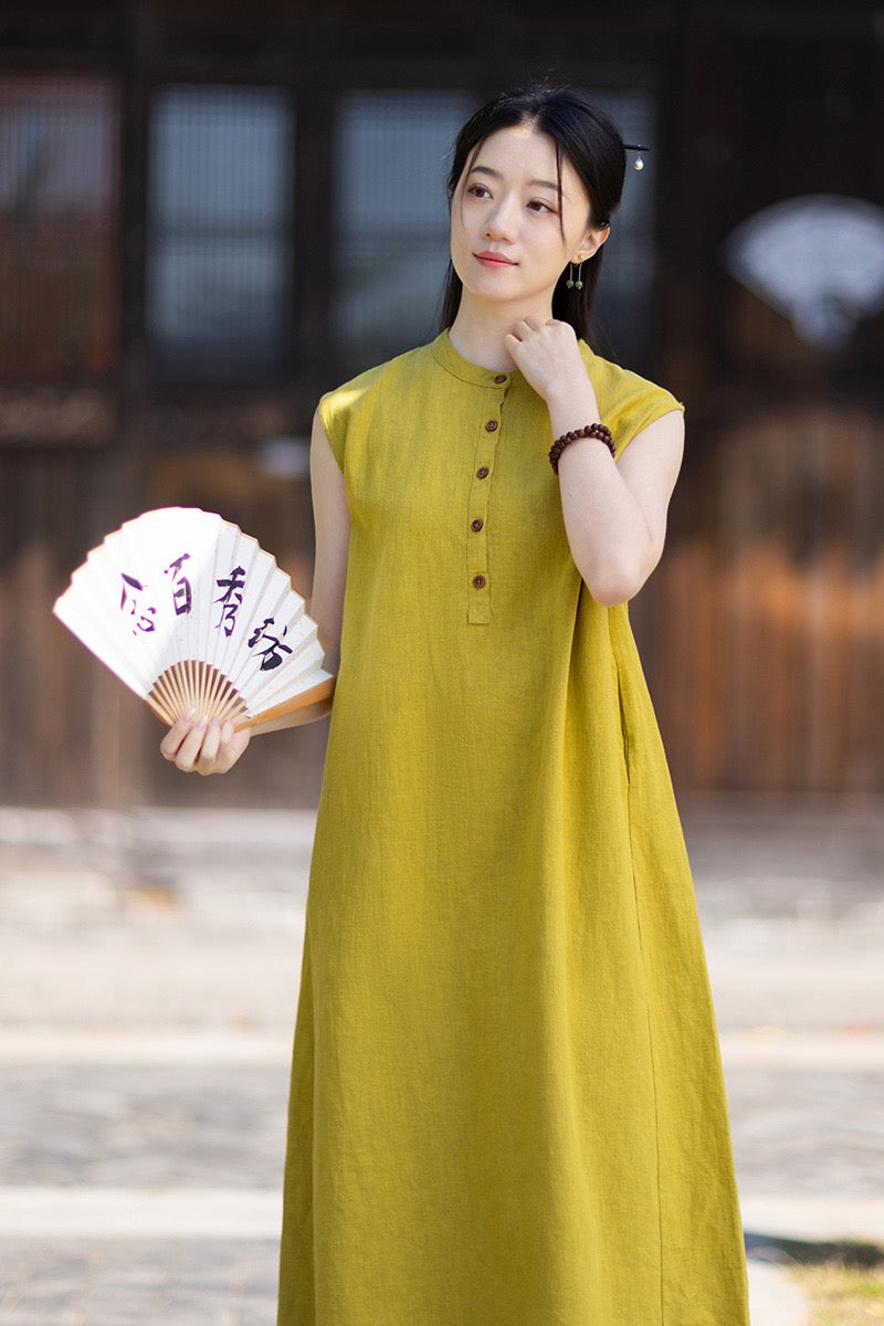 Tao One Tech™ • Business Qigong Cheongsam Dress • Minimal Style • Chinoiserie • Zen Midi Dress • Tech Pockets • Ramie Cotton
