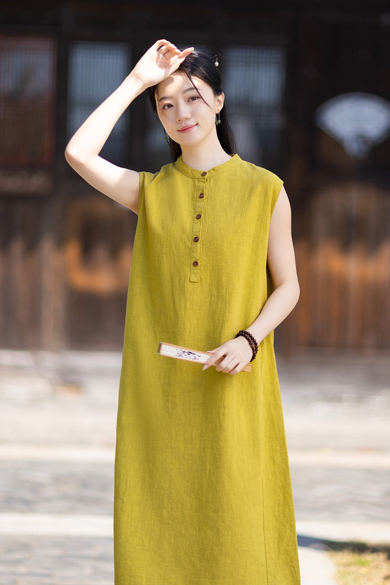 Tao One Tech™ • Business Qigong Cheongsam Dress • Minimal Style • Chinoiserie • Zen Midi Dress • Tech Pockets • Ramie Cotton