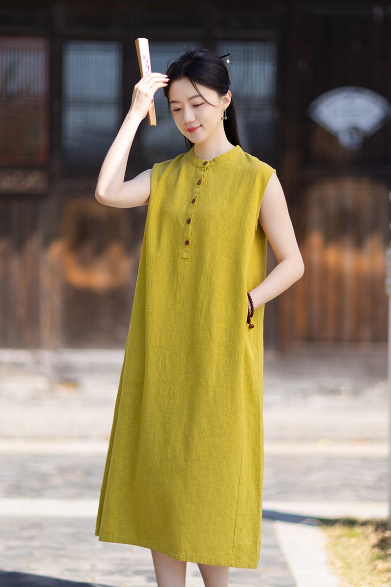 Tao One Tech™ • Business Qigong Cheongsam Dress • Minimal Style • Chinoiserie • Zen Midi Dress • Tech Pockets • Ramie Cotton