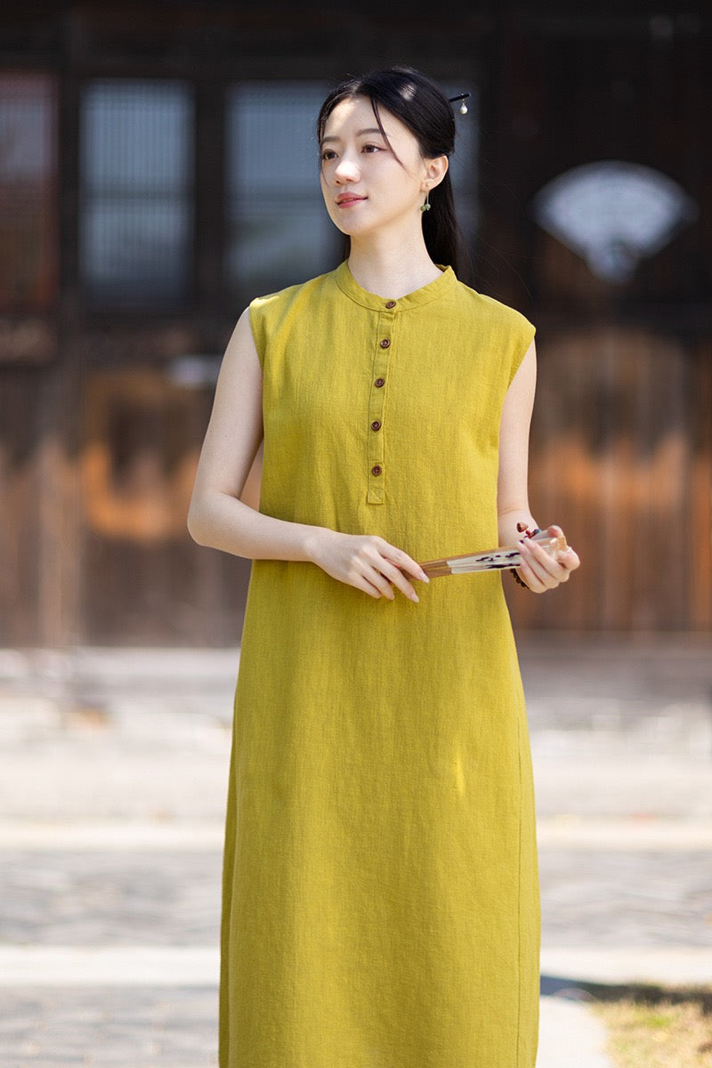 Tao One Tech™ • Business Qigong Cheongsam Dress • Minimal Style • Chinoiserie • Zen Midi Dress • Tech Pockets • Ramie Cotton