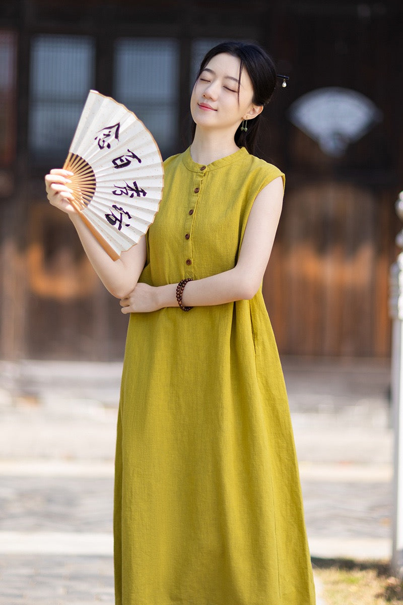 Tao One Tech™ • Business Qigong Cheongsam Dress • Minimal Style • Chinoiserie • Zen Midi Dress • Tech Pockets • Ramie Cotton