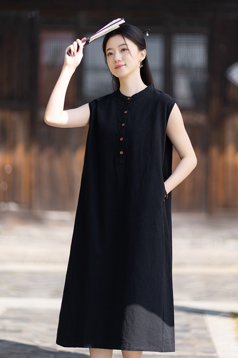 Tao One Tech™ • Business Qigong Cheongsam Dress • Minimal Style • Chinoiserie • Zen Midi Dress • Tech Pockets • Ramie Cotton