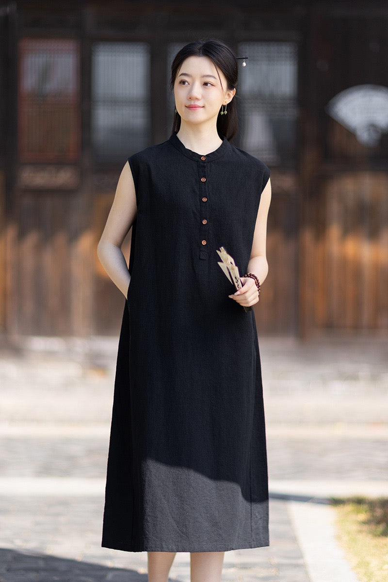 Tao One Tech™ • Business Qigong Cheongsam Dress • Minimal Style • Chinoiserie • Zen Midi Dress • Tech Pockets • Ramie Cotton