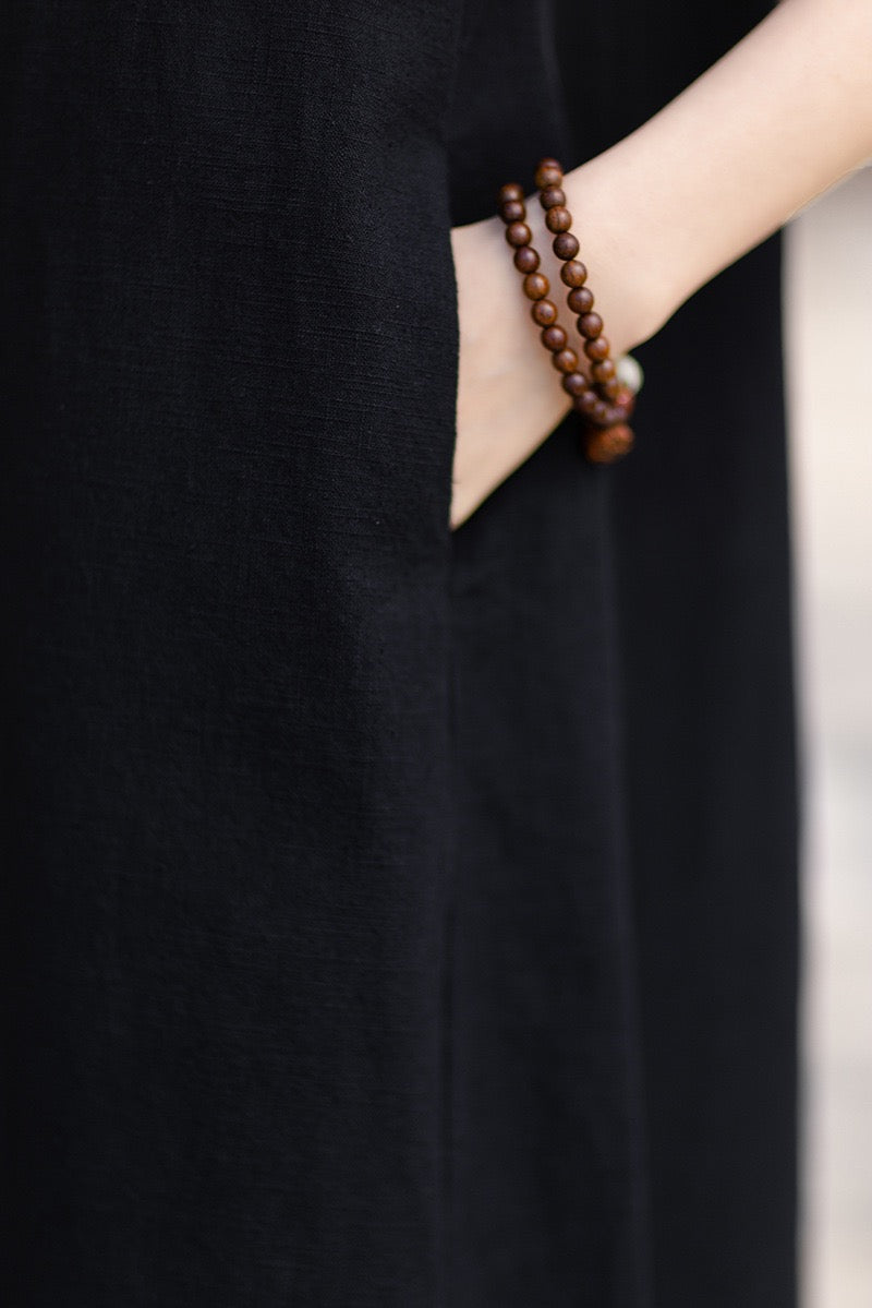 Tao One Tech™ • Business Qigong Cheongsam Dress • Minimal Style • Chinoiserie • Zen Midi Dress • Tech Pockets • Ramie Cotton