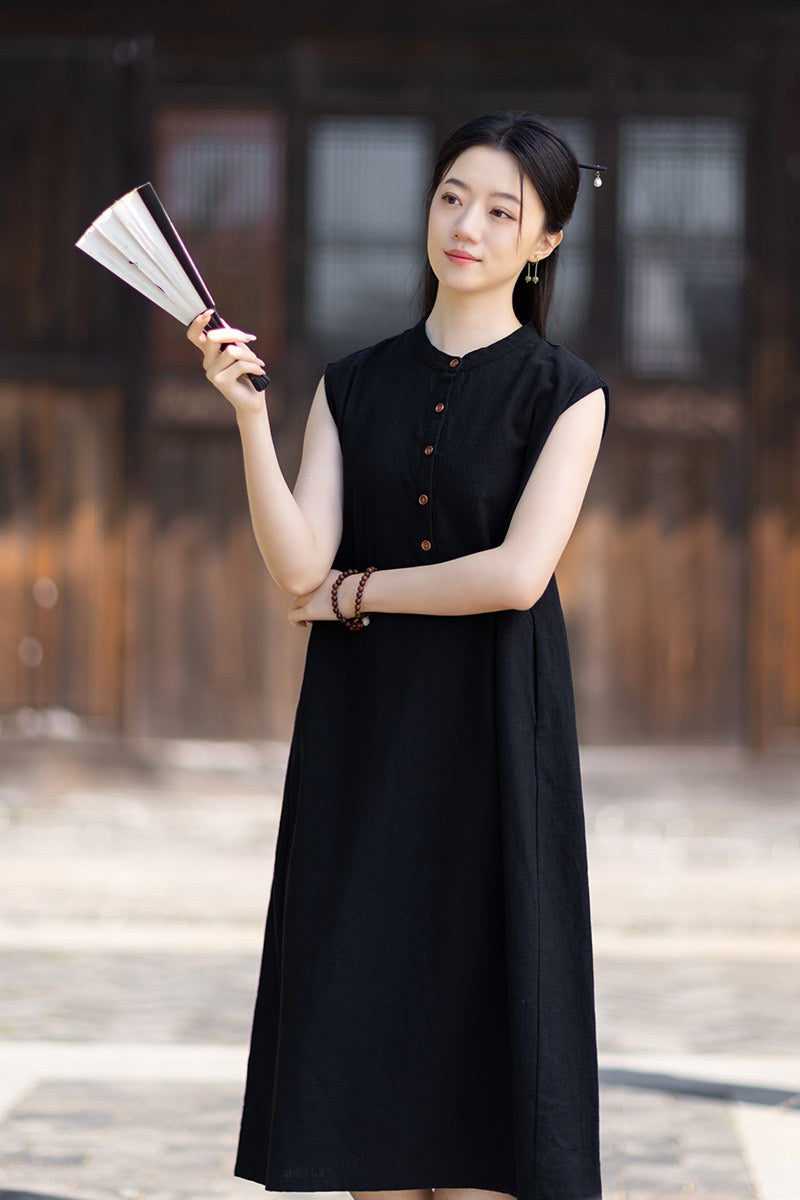 Tao One Tech™ • Business Qigong Cheongsam Dress • Minimal Style • Chinoiserie • Zen Midi Dress • Tech Pockets • Ramie Cotton