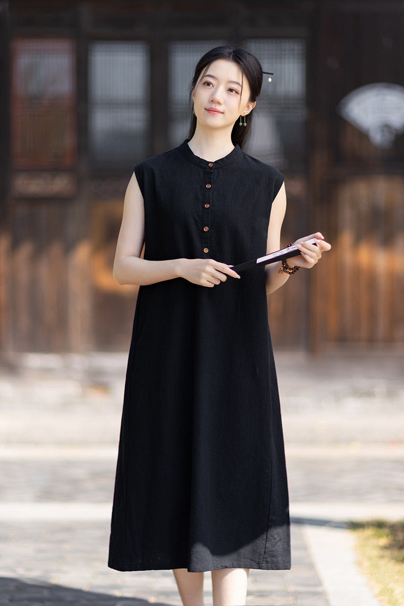 Tao One Tech™ • Business Qigong Cheongsam Dress • Minimal Style • Chinoiserie • Zen Midi Dress • Tech Pockets • Ramie Cotton
