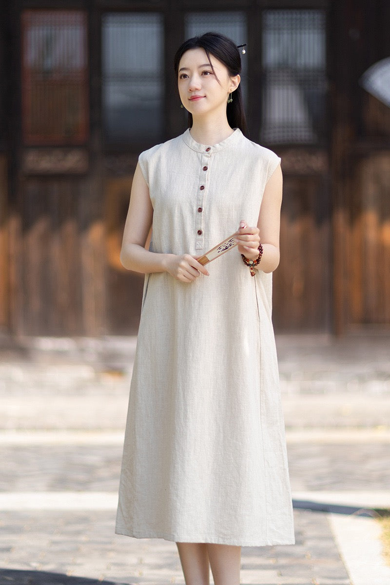 Tao One Tech™ • Business Qigong Cheongsam Dress • Minimal Style • Chinoiserie • Zen Midi Dress • Tech Pockets • Ramie Cotton