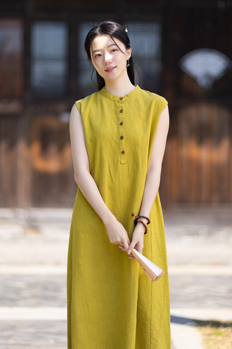 Tao One Tech™ • Business Qigong Cheongsam Dress • Minimal Style • Chinoiserie • Zen Midi Dress • Tech Pockets • Ramie Cotton