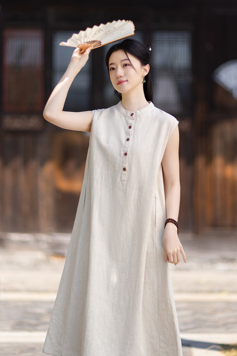 Tao One Tech™ • Business Qigong Cheongsam Dress • Minimal Style • Chinoiserie • Zen Midi Dress • Tech Pockets • Ramie Cotton