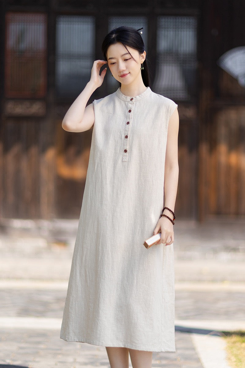 Tao One Tech™ • Business Qigong Cheongsam Dress • Minimal Style • Chinoiserie • Zen Midi Dress • Tech Pockets • Ramie Cotton
