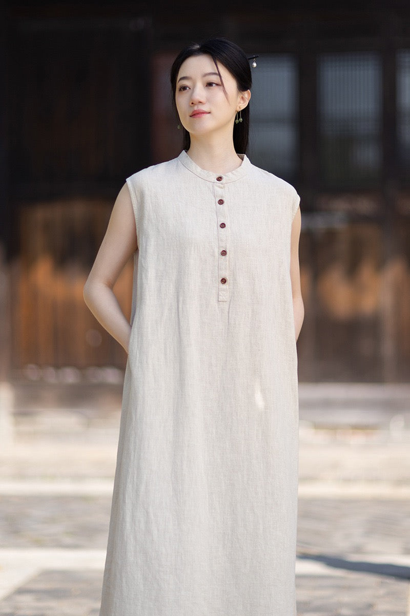 Tao One Tech™ • Business Qigong Cheongsam Dress • Minimal Style • Chinoiserie • Zen Midi Dress • Tech Pockets • Ramie Cotton