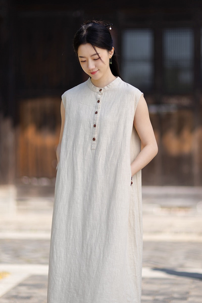 Tao One Tech™ • Business Qigong Cheongsam Dress • Minimal Style • Chinoiserie • Zen Midi Dress • Tech Pockets • Ramie Cotton