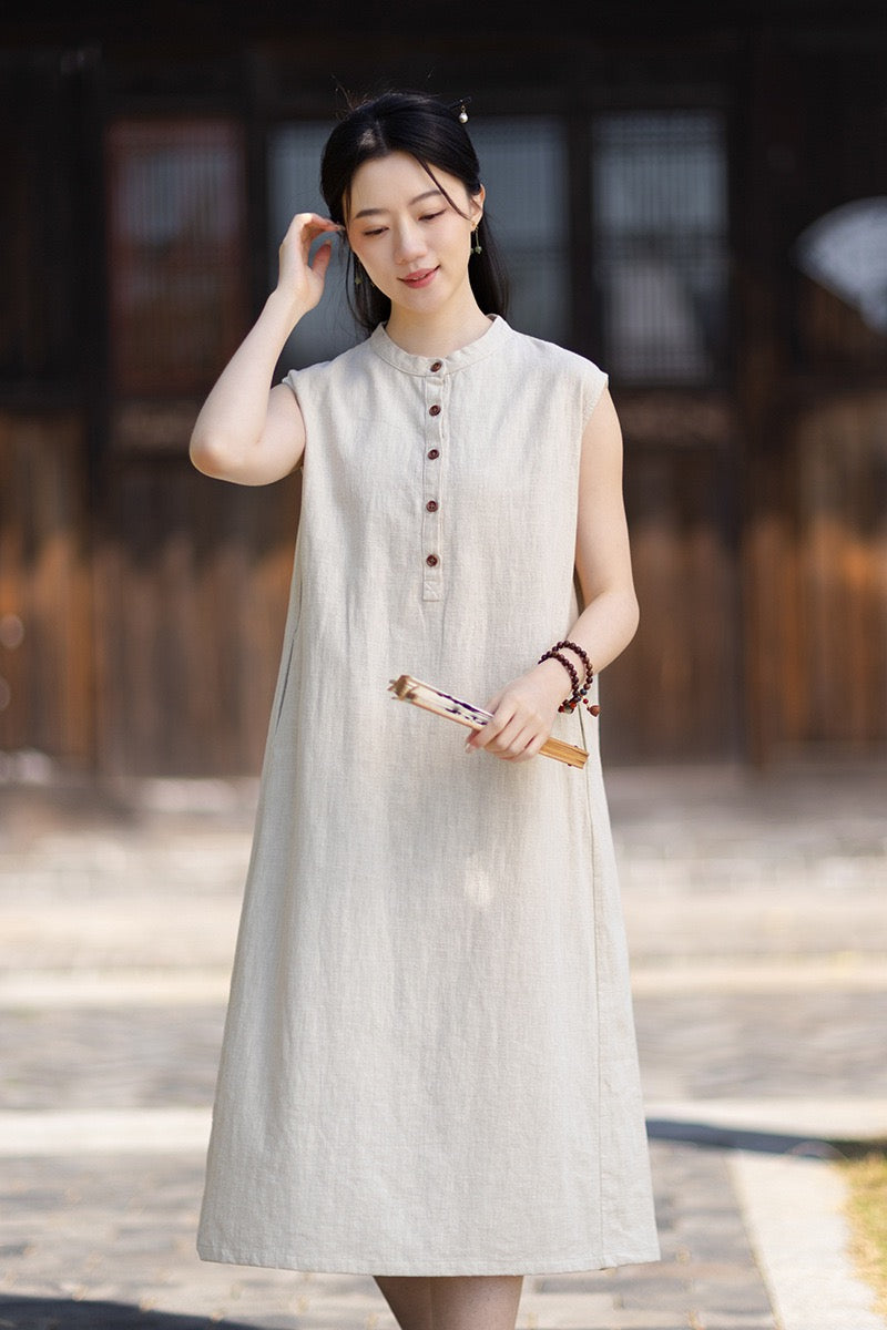 Tao One Tech™ • Business Qigong Cheongsam Dress • Minimal Style • Chinoiserie • Zen Midi Dress • Tech Pockets • Ramie Cotton
