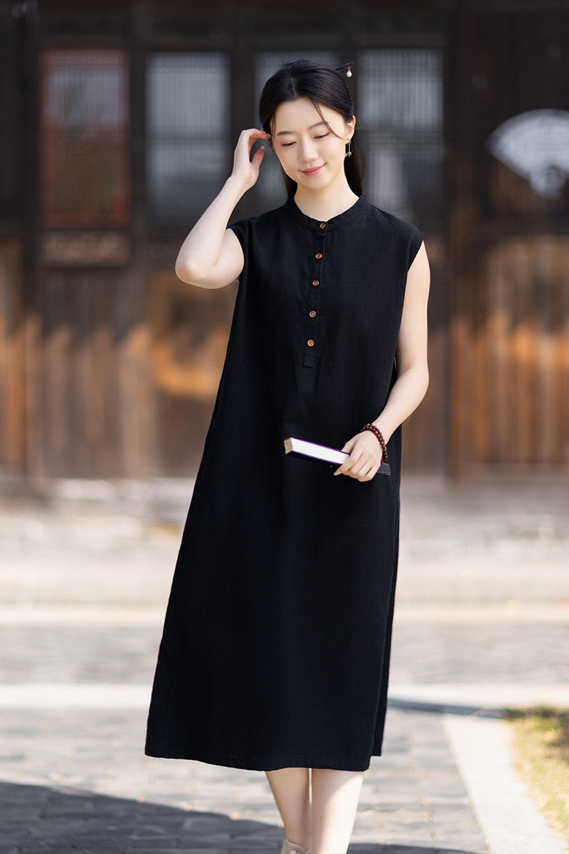 Tao One Tech™ • Business Qigong Cheongsam Dress • Minimal Style • Chinoiserie • Zen Midi Dress • Tech Pockets • Ramie Cotton