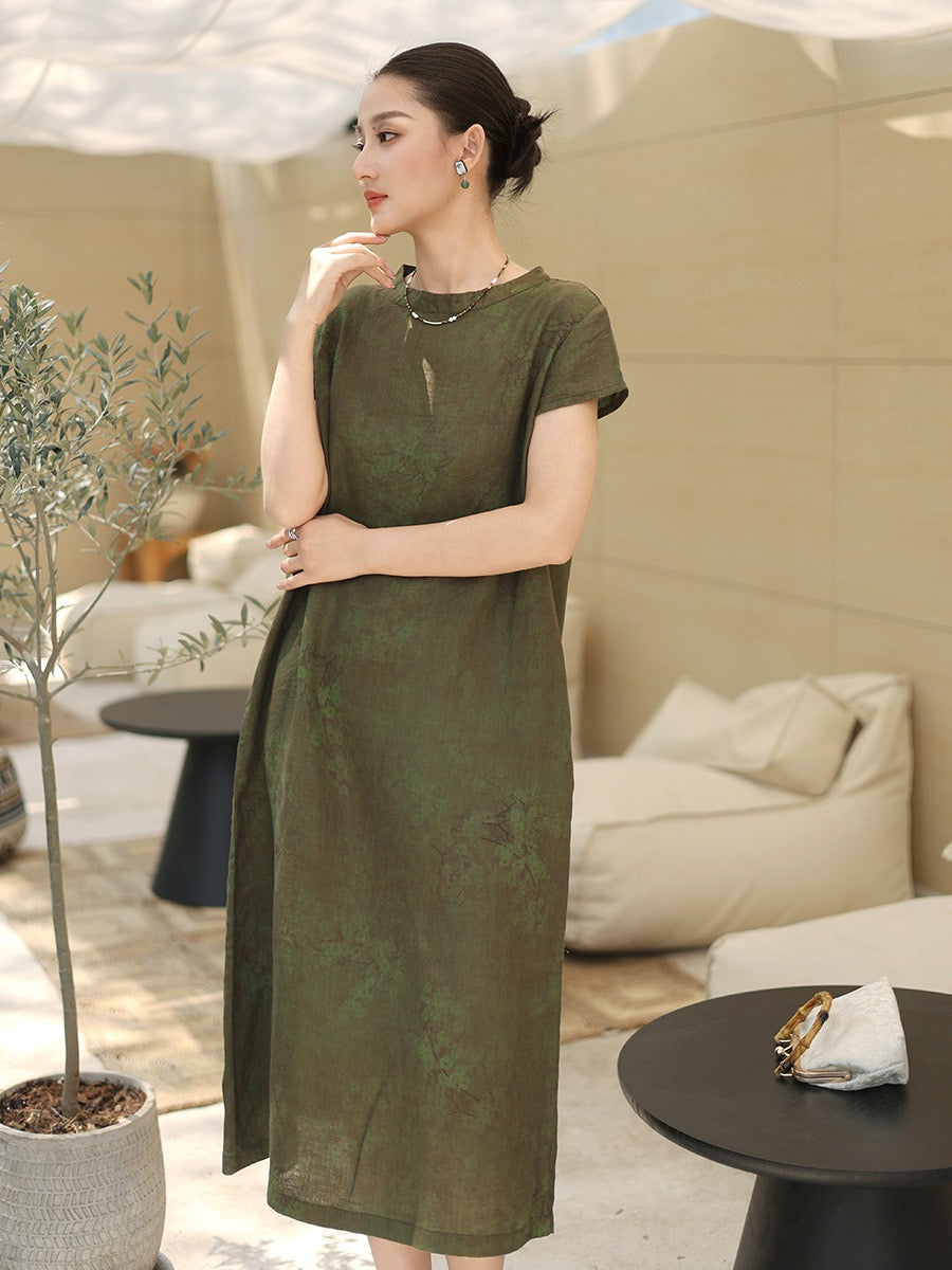 Tao One Tech™ • Watercolour Floral Cheongsam Dress • Business Qigong • Long Dress • Chinoiserie • Tech Pockets • Premium Pure Linen • Sizes M-XXL