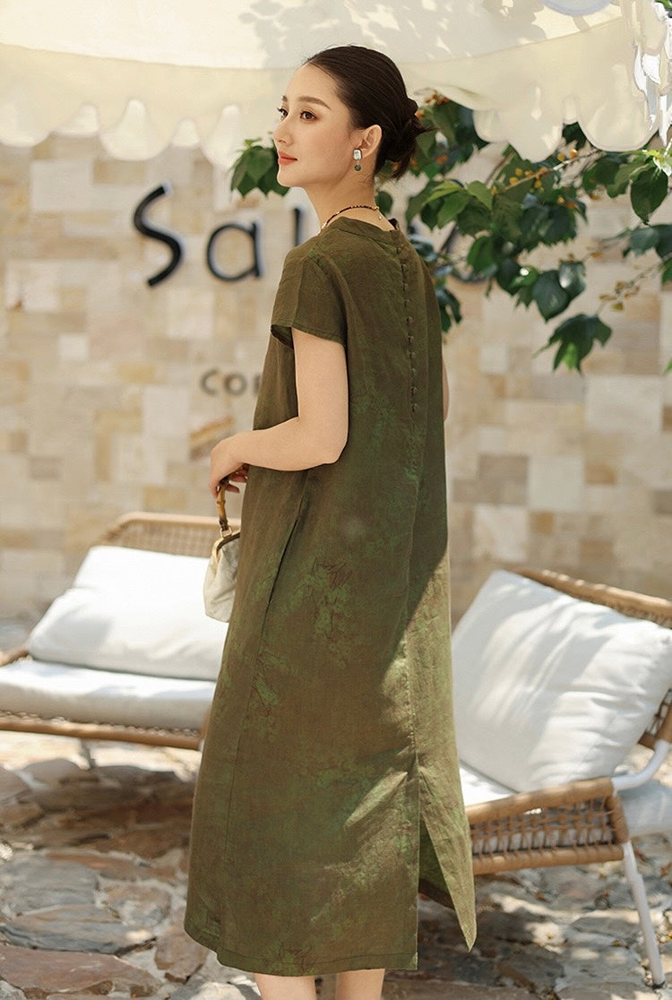Tao One Tech™ • Watercolour Floral Cheongsam Dress • Business Qigong • Long Dress • Chinoiserie • Tech Pockets • Premium Pure Linen • Sizes M-XXL