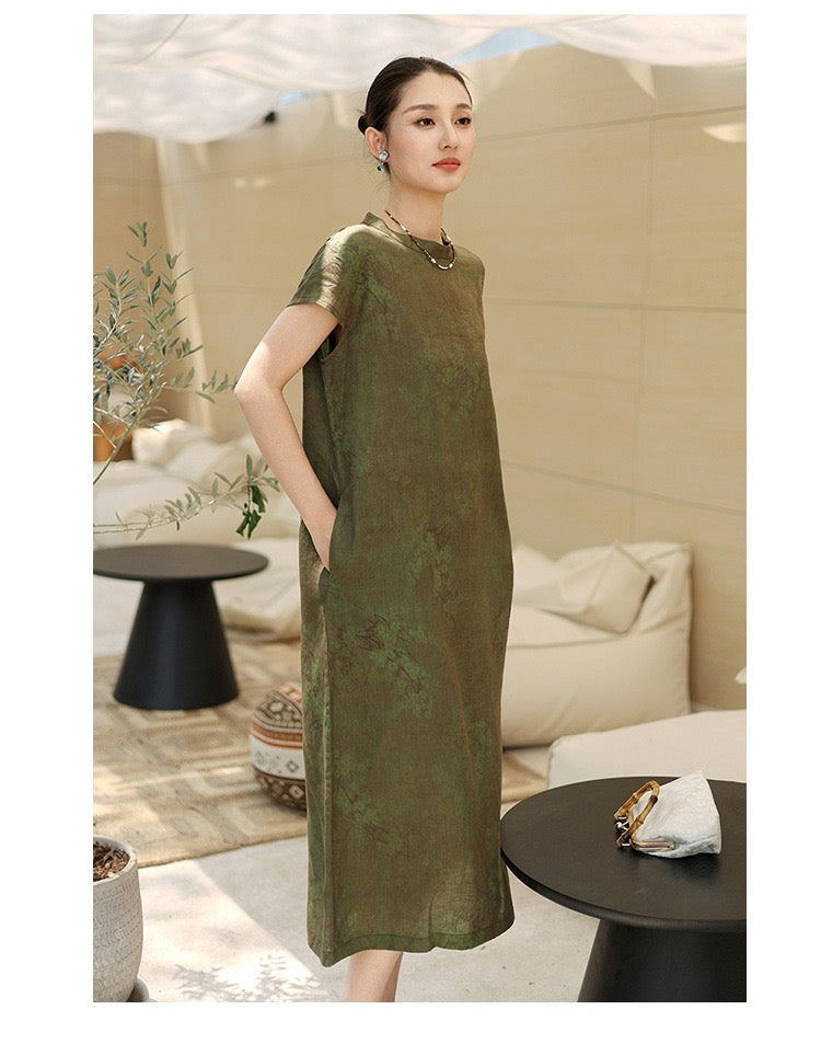 Tao One Tech™ • Watercolour Floral Cheongsam Dress • Business Qigong • Long Dress • Chinoiserie • Tech Pockets • Premium Pure Linen • Sizes M-XXL