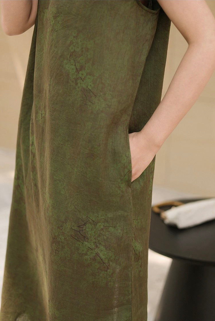 Tao One Tech™ • Watercolour Floral Cheongsam Dress • Business Qigong • Long Dress • Chinoiserie • Tech Pockets • Premium Pure Linen • Sizes M-XXL
