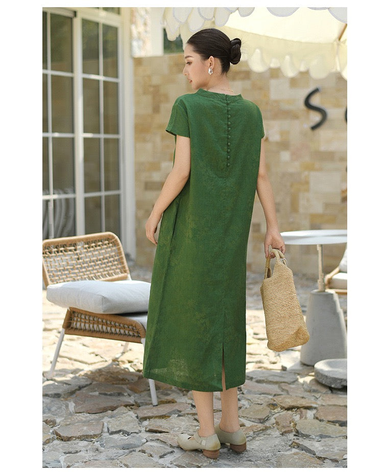 Tao One Tech™ • Watercolour Floral Cheongsam Dress • Business Qigong • Long Dress • Chinoiserie • Tech Pockets • Premium Pure Linen • Sizes M-XXL