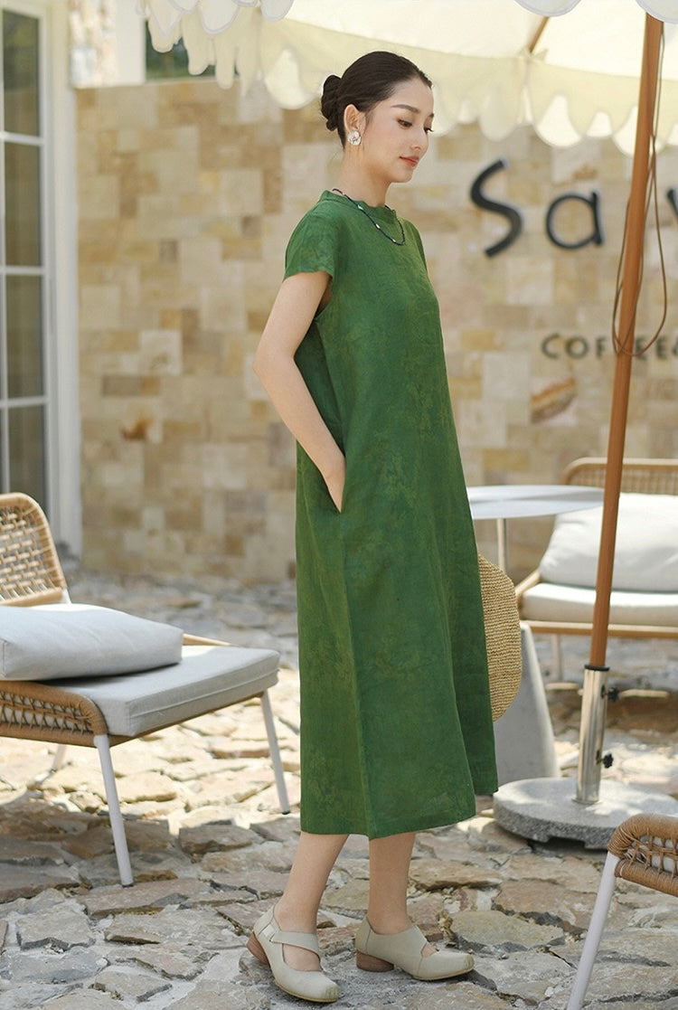 Tao One Tech™ • Watercolour Floral Cheongsam Dress • Business Qigong • Long Dress • Chinoiserie • Tech Pockets • Premium Pure Linen • Sizes M-XXL