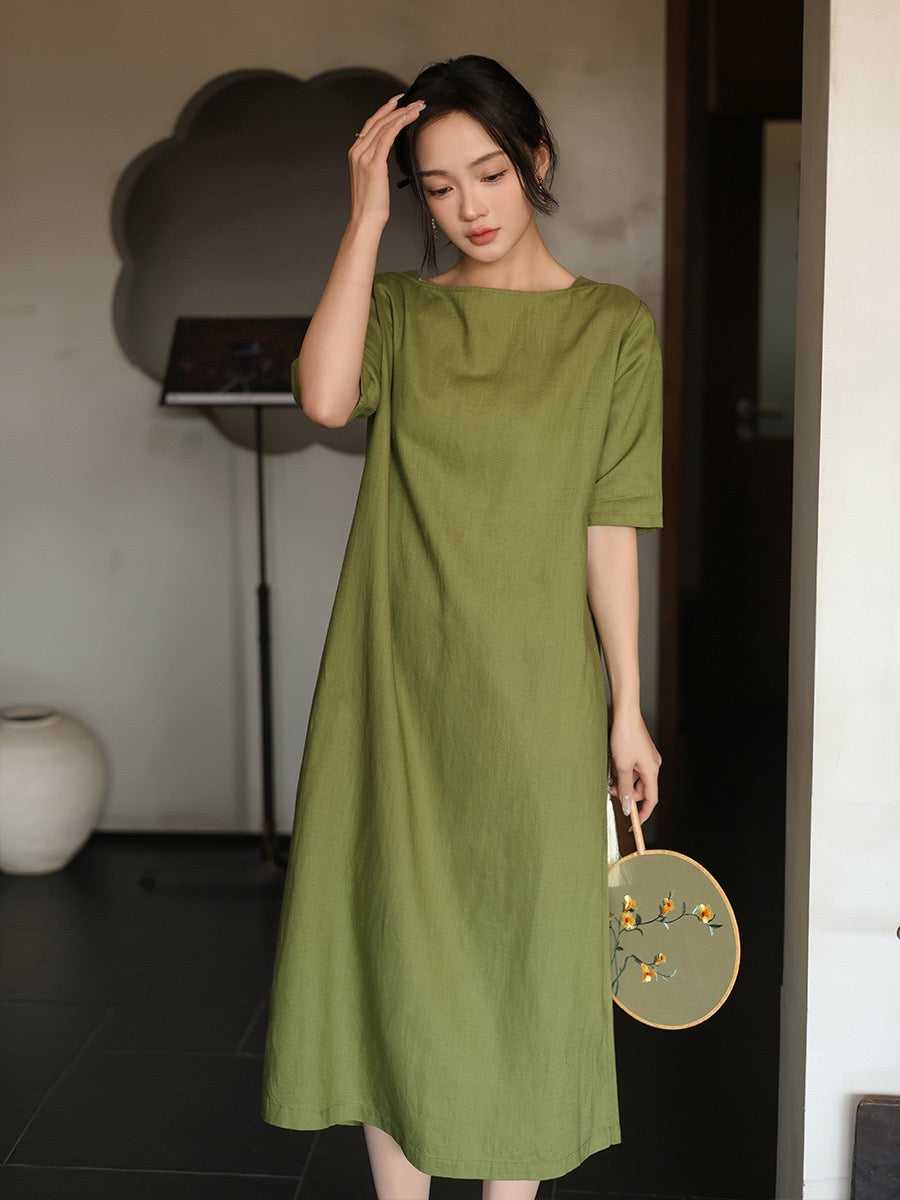 Tao One Tech™ • Lotus Flow Cheongsam Dress • Business Qigong • Long Dress • Chinoiserie • Premium Tencel Lyocell Linen • Sizes M-XXL