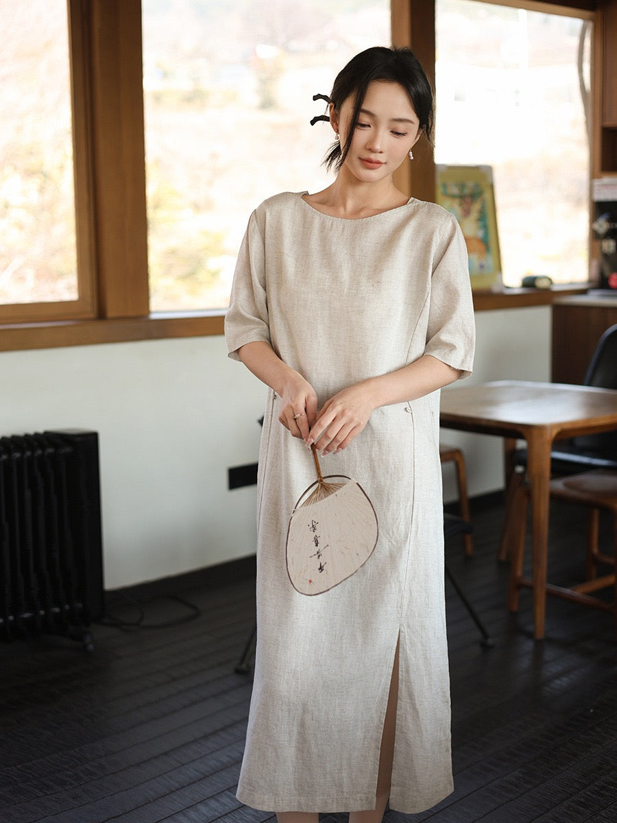 Tao One Tech™ • Lotus Flow Cheongsam Dress • Business Qigong • Long Dress • Chinoiserie • Premium Tencel Lyocell Linen • Sizes M-XXL