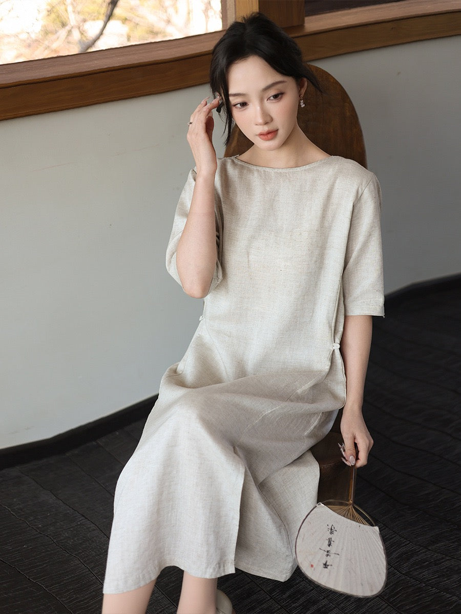 Tao One Tech™ • Lotus Flow Cheongsam Dress • Business Qigong • Long Dress • Chinoiserie • Premium Tencel Lyocell Linen • Sizes M-XXL