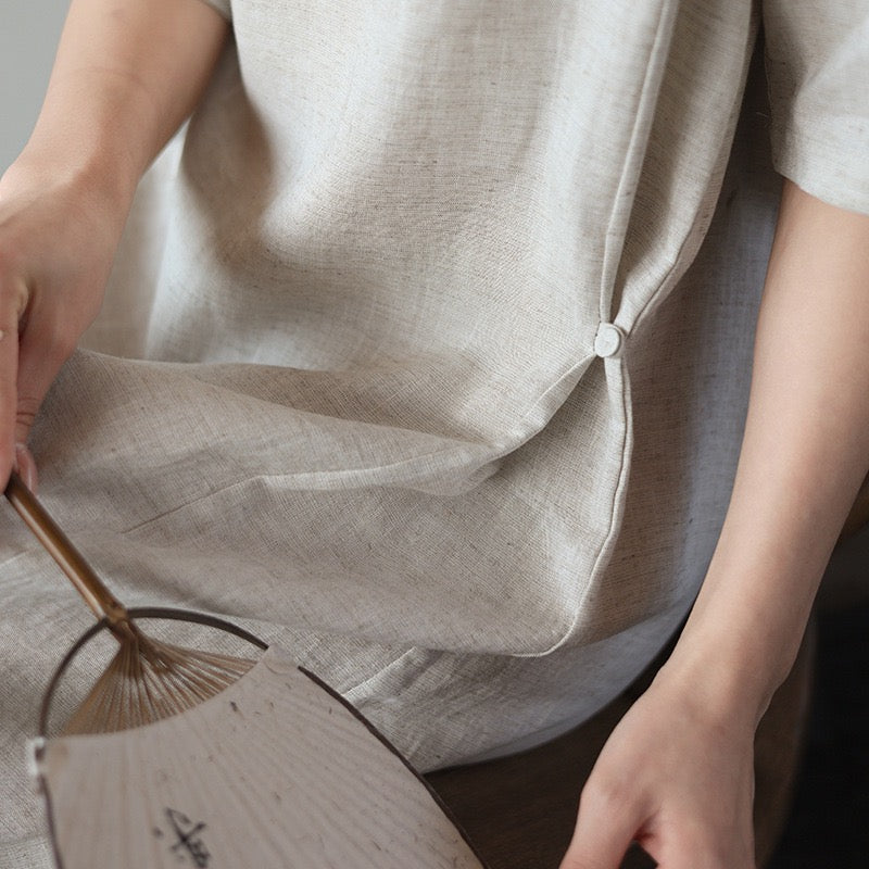 Tao One Tech™ • Lotus Flow Cheongsam Dress • Business Qigong • Long Dress • Chinoiserie • Premium Tencel Lyocell Linen • Sizes M-XXL