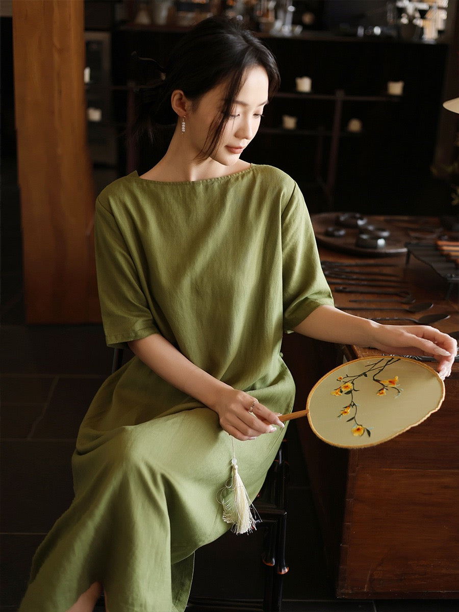 Tao One Tech™ • Lotus Flow Cheongsam Dress • Business Qigong • Long Dress • Chinoiserie • Premium Tencel Lyocell Linen • Sizes M-XXL
