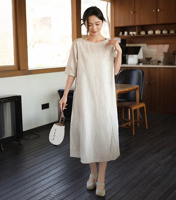 Tao One Tech™ • Lotus Flow Cheongsam Dress • Business Qigong • Long Dress • Chinoiserie • Premium Tencel Lyocell Linen • Sizes M-XXL