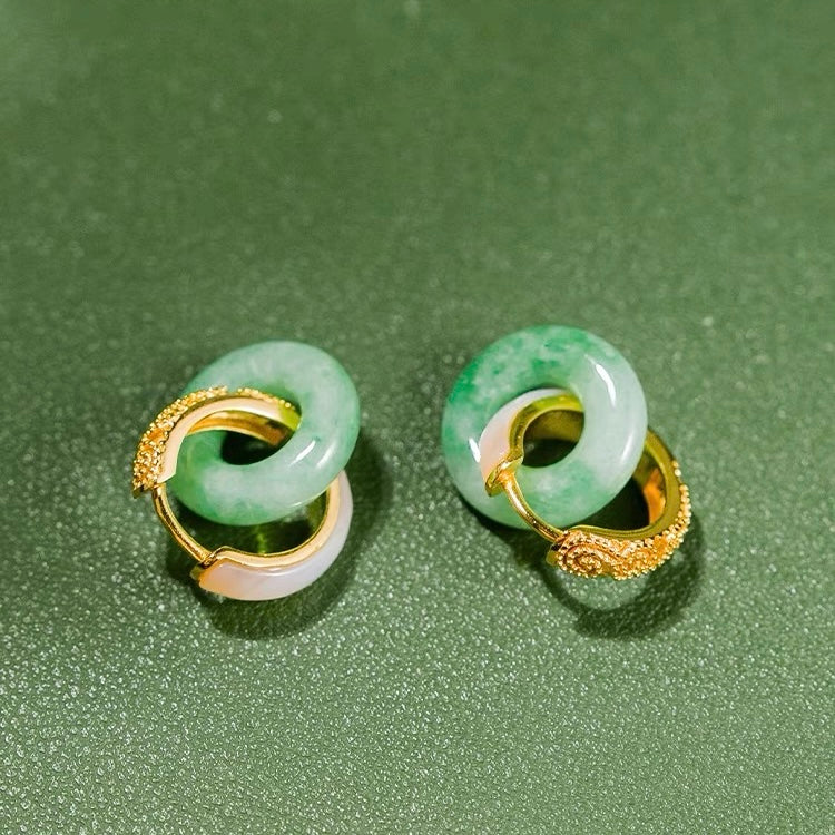 Tao Jade Tech™ • Double Jade Safety Buckle Earring • Green and White Jade • 14k Gold Plated • Heaven's Jade Grade • High Vibrational Frequency