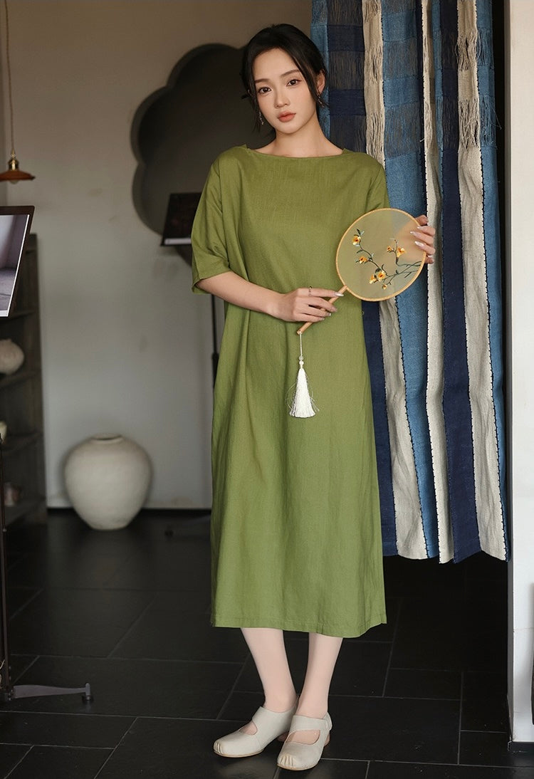 Tao One Tech™ • Lotus Flow Cheongsam Dress • Business Qigong • Long Dress • Chinoiserie • Premium Tencel Lyocell Linen • Sizes M-XXL