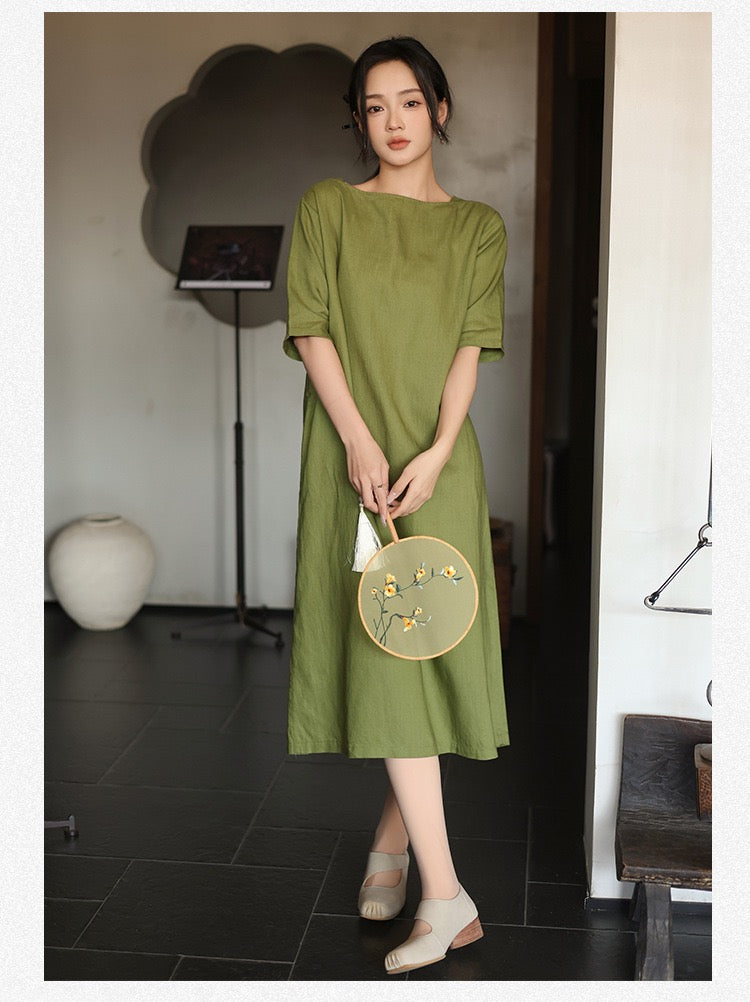Tao One Tech™ • Lotus Flow Cheongsam Dress • Business Qigong • Long Dress • Chinoiserie • Premium Tencel Lyocell Linen • Sizes M-XXL