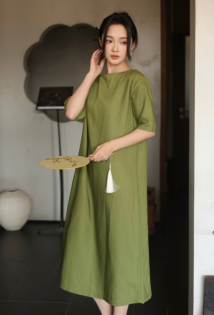 Tao One Tech™ • Lotus Flow Cheongsam Dress • Business Qigong • Long Dress • Chinoiserie • Premium Tencel Lyocell Linen • Sizes M-XXL