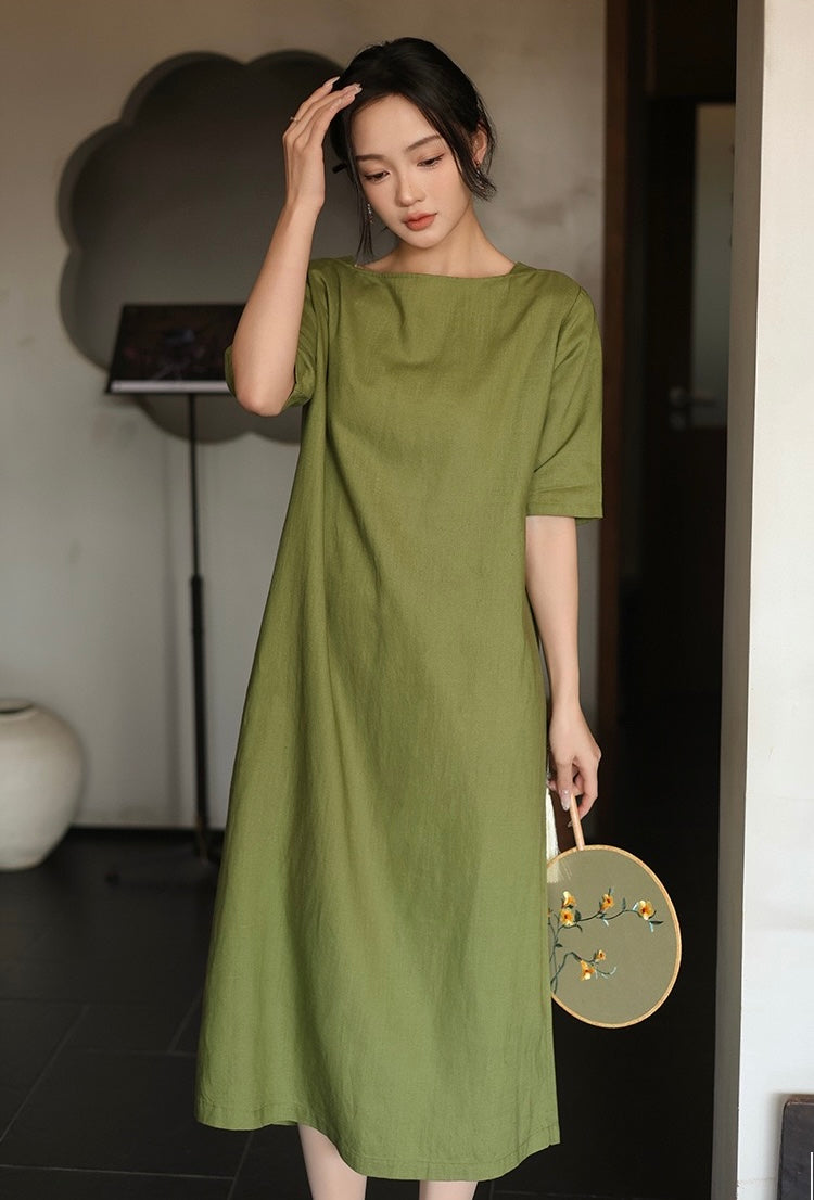 Tao One Tech™ • Lotus Flow Cheongsam Dress • Business Qigong • Long Dress • Chinoiserie • Premium Tencel Lyocell Linen • Sizes M-XXL