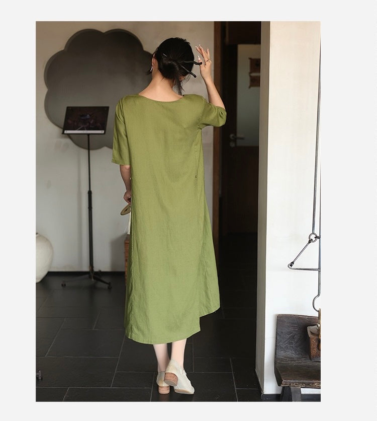 Tao One Tech™ • Lotus Flow Cheongsam Dress • Business Qigong • Long Dress • Chinoiserie • Premium Tencel Lyocell Linen • Sizes M-XXL