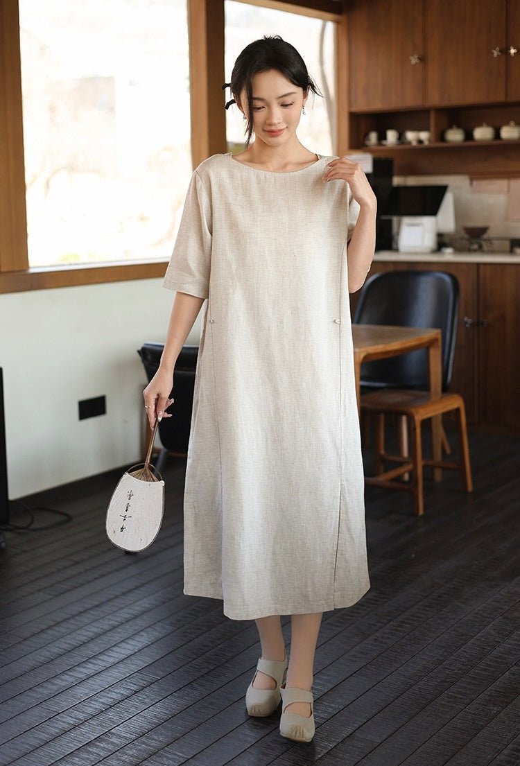 Tao One Tech™ • Lotus Flow Cheongsam Dress • Business Qigong • Long Dress • Chinoiserie • Premium Tencel Lyocell Linen • Sizes M-XXL