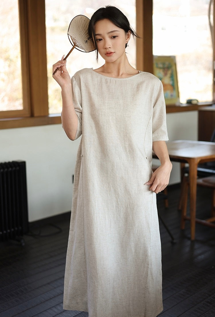Tao One Tech™ • Lotus Flow Cheongsam Dress • Business Qigong • Long Dress • Chinoiserie • Premium Tencel Lyocell Linen • Sizes M-XXL