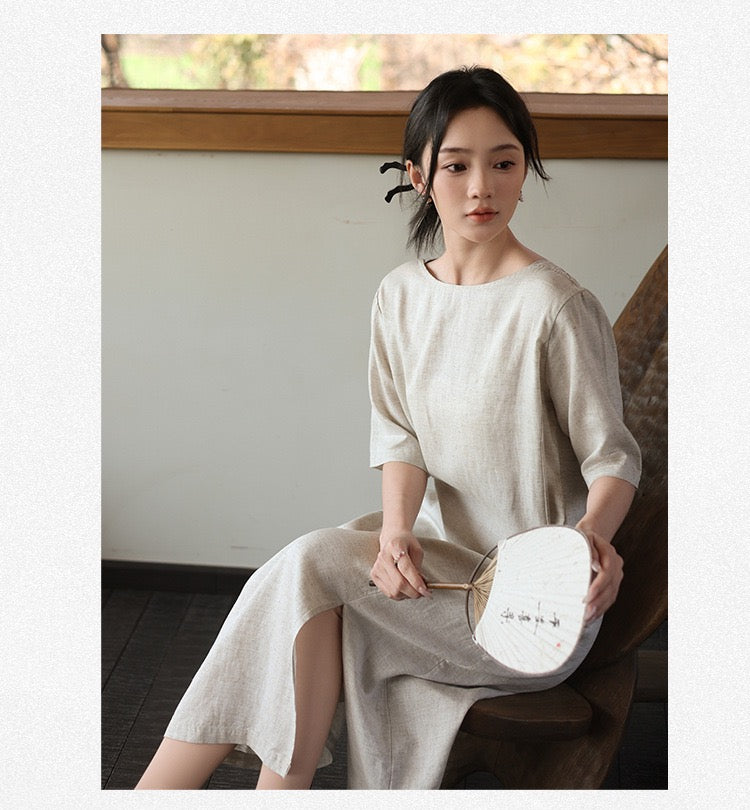Tao One Tech™ • Lotus Flow Cheongsam Dress • Business Qigong • Long Dress • Chinoiserie • Premium Tencel Lyocell Linen • Sizes M-XXL