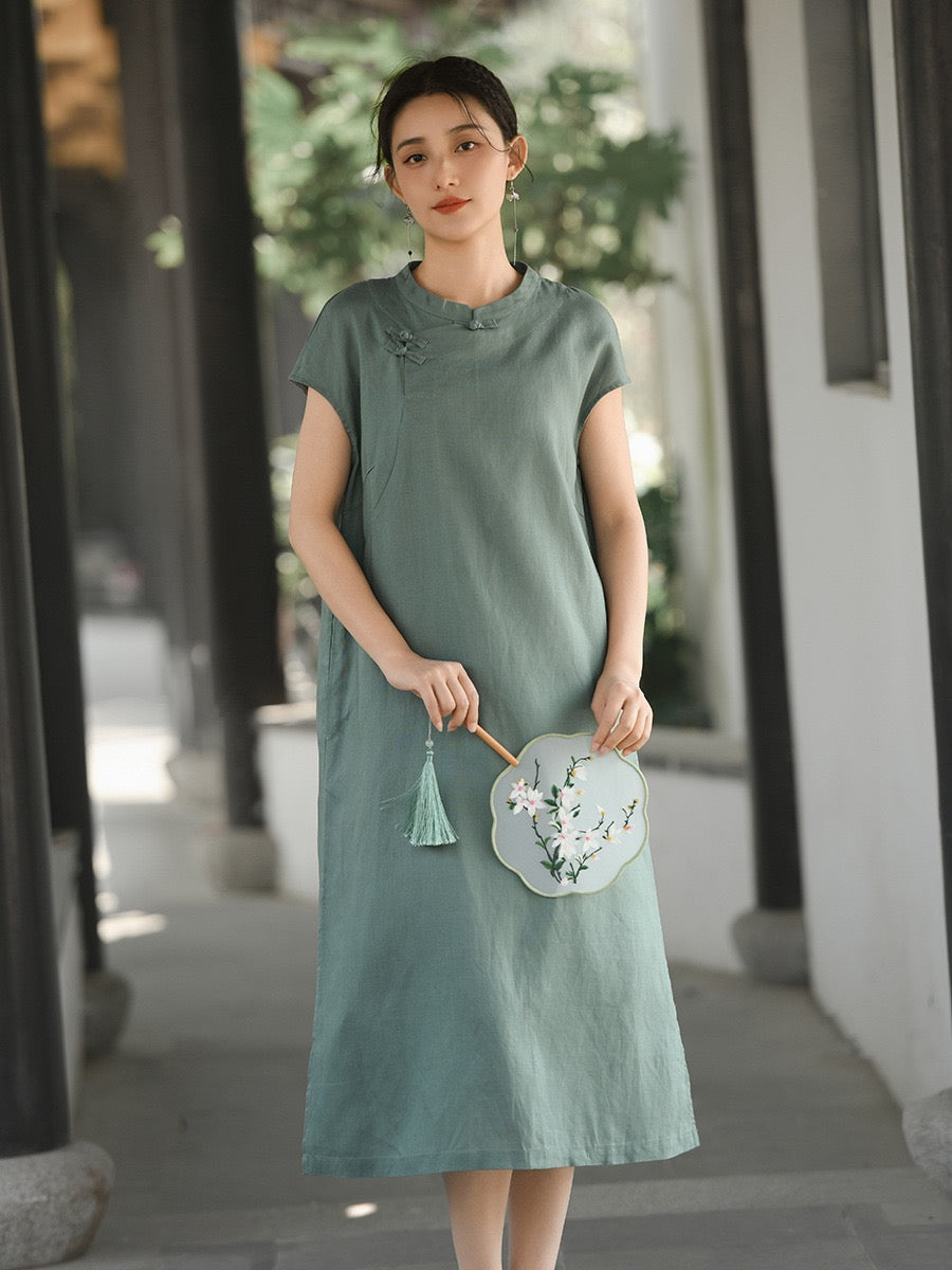 Tao One Tech™ • Classical Cheongsam Dress • Business Qigong • Long Dress • Chinoiserie • Tech Pockets • Premium Tencel Lyocell Linen • Sizes M-XXL