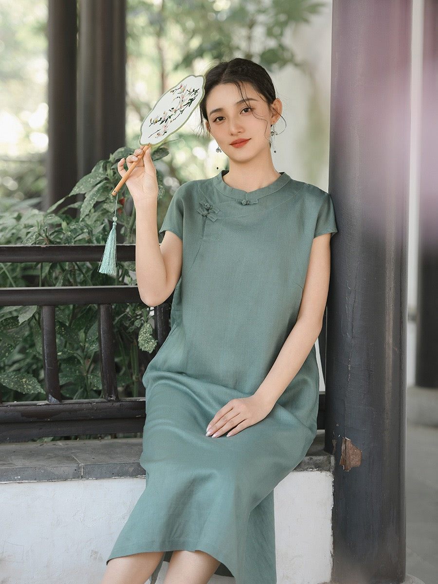 Tao One Tech™ • Classical Cheongsam Dress • Business Qigong • Long Dress • Chinoiserie • Tech Pockets • Premium Tencel Lyocell Linen • Sizes M-XXL