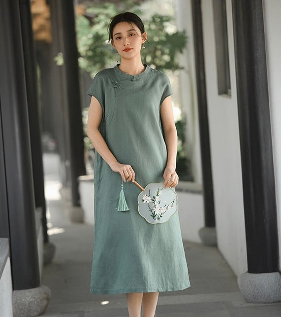 Tao One Tech™ • Classical Cheongsam Dress • Business Qigong • Long Dress • Chinoiserie • Tech Pockets • Premium Tencel Lyocell Linen • Sizes M-XXL