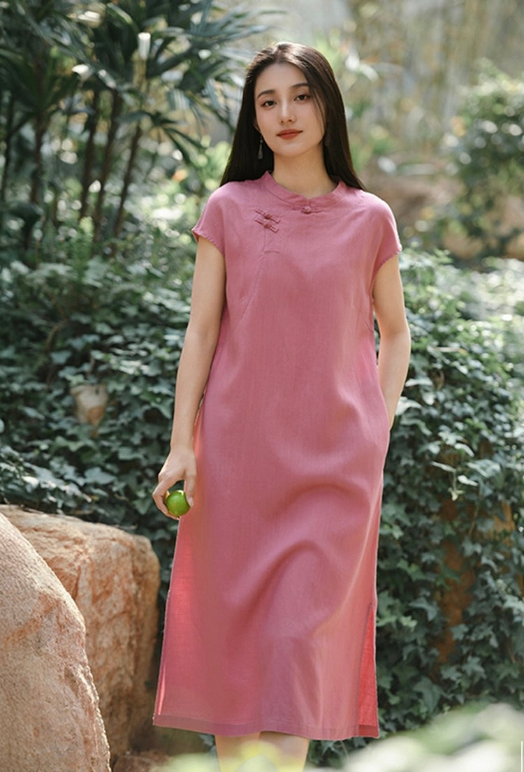 Tao One Tech™ • Classical Cheongsam Dress • Business Qigong • Long Dress • Chinoiserie • Tech Pockets • Premium Tencel Lyocell Linen • Sizes M-XXL