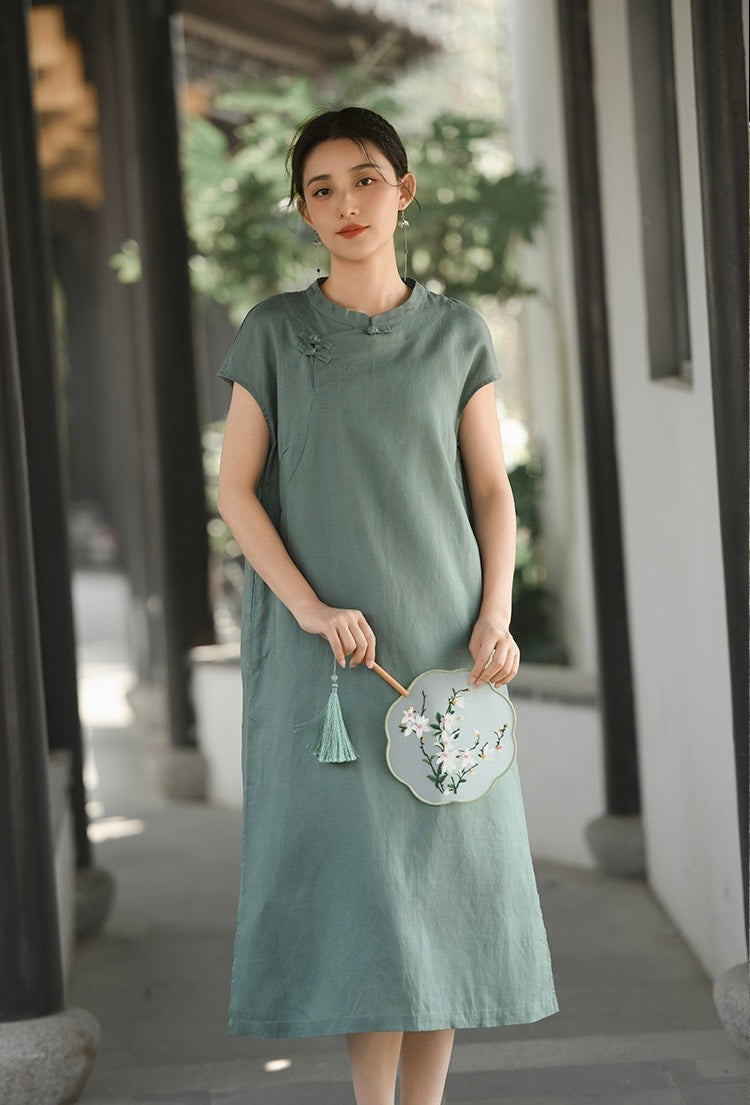 Tao One Tech™ • Classical Cheongsam Dress • Business Qigong • Long Dress • Chinoiserie • Tech Pockets • Premium Tencel Lyocell Linen • Sizes M-XXL