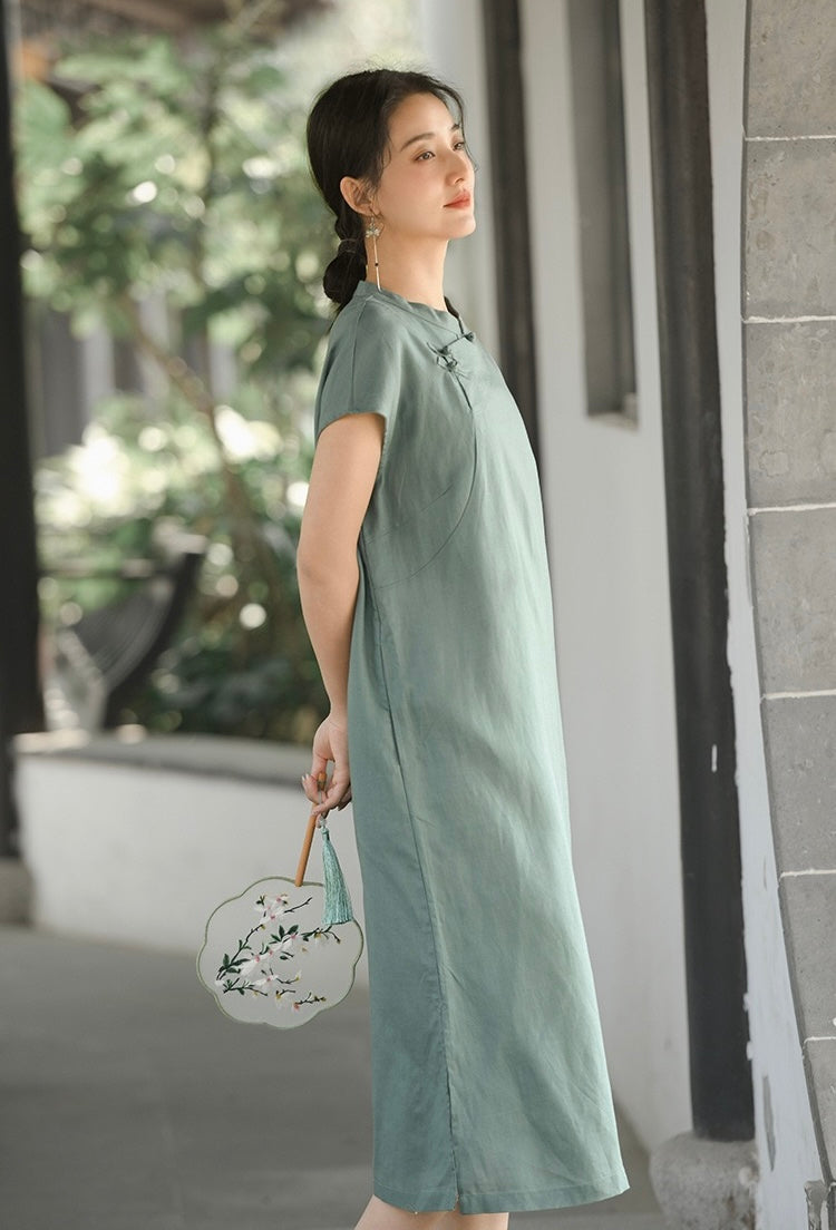 Tao One Tech™ • Classical Cheongsam Dress • Business Qigong • Long Dress • Chinoiserie • Tech Pockets • Premium Tencel Lyocell Linen • Sizes M-XXL