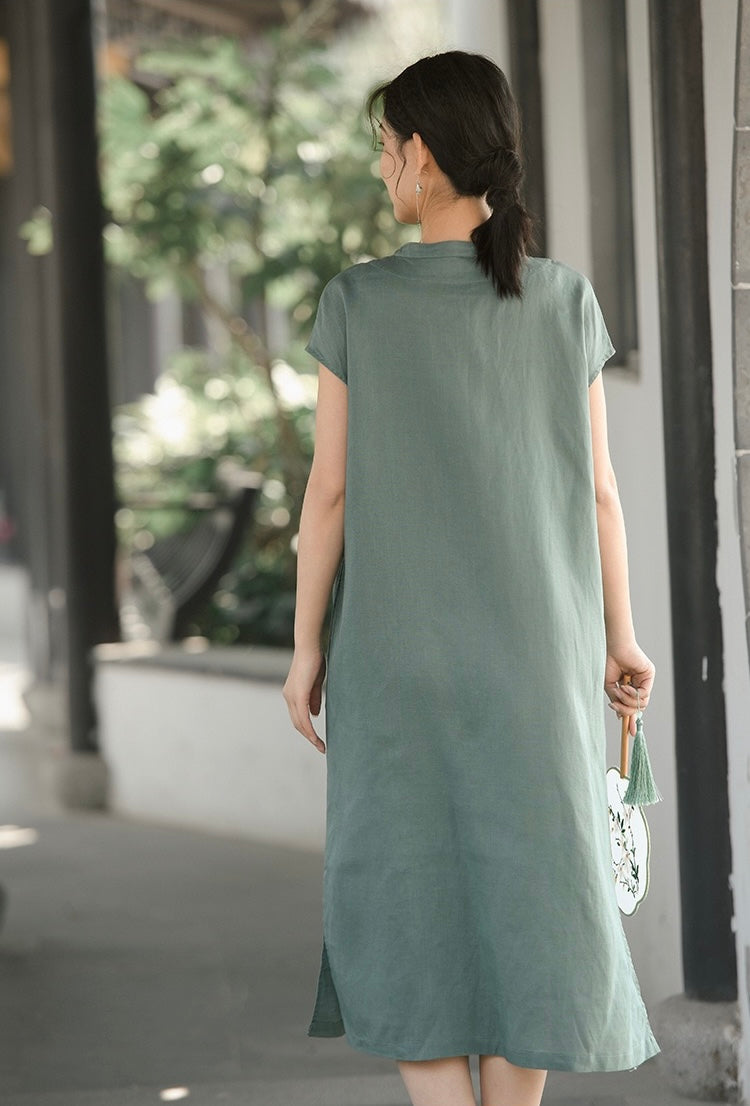 Tao One Tech™ • Classical Cheongsam Dress • Business Qigong • Long Dress • Chinoiserie • Tech Pockets • Premium Tencel Lyocell Linen • Sizes M-XXL